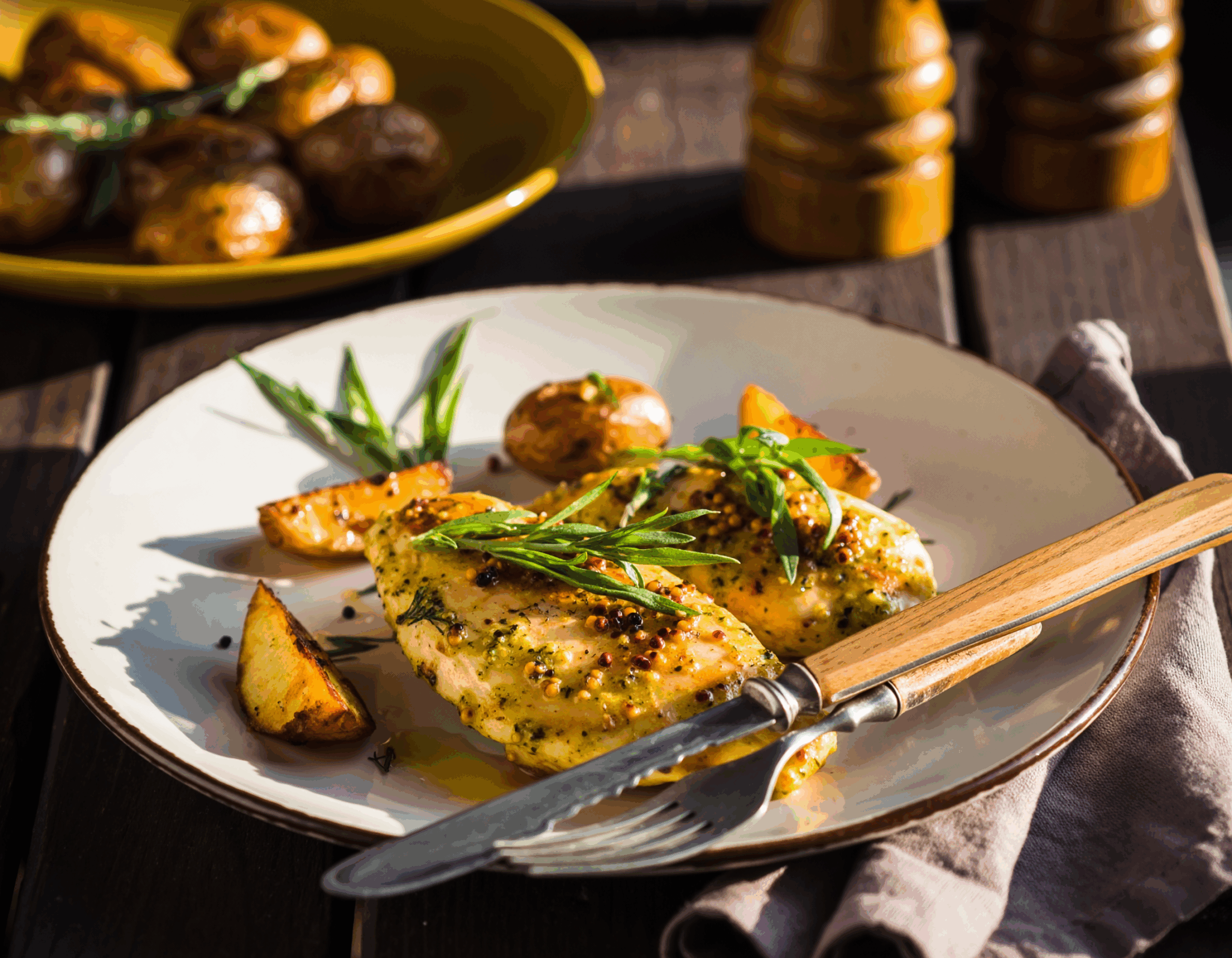 Poulet à la moutarde, estragon et pommes de terre
