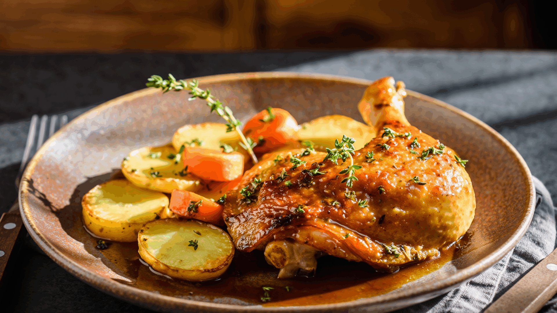 Poulet rôti au miel, thym et légumes d'automne