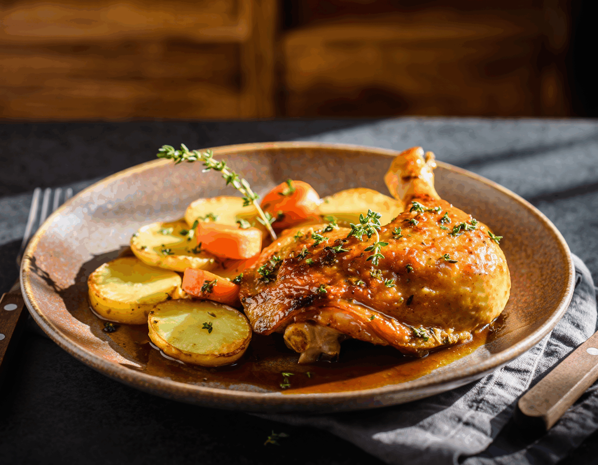 Poulet rôti au miel, thym et légumes d'automne
