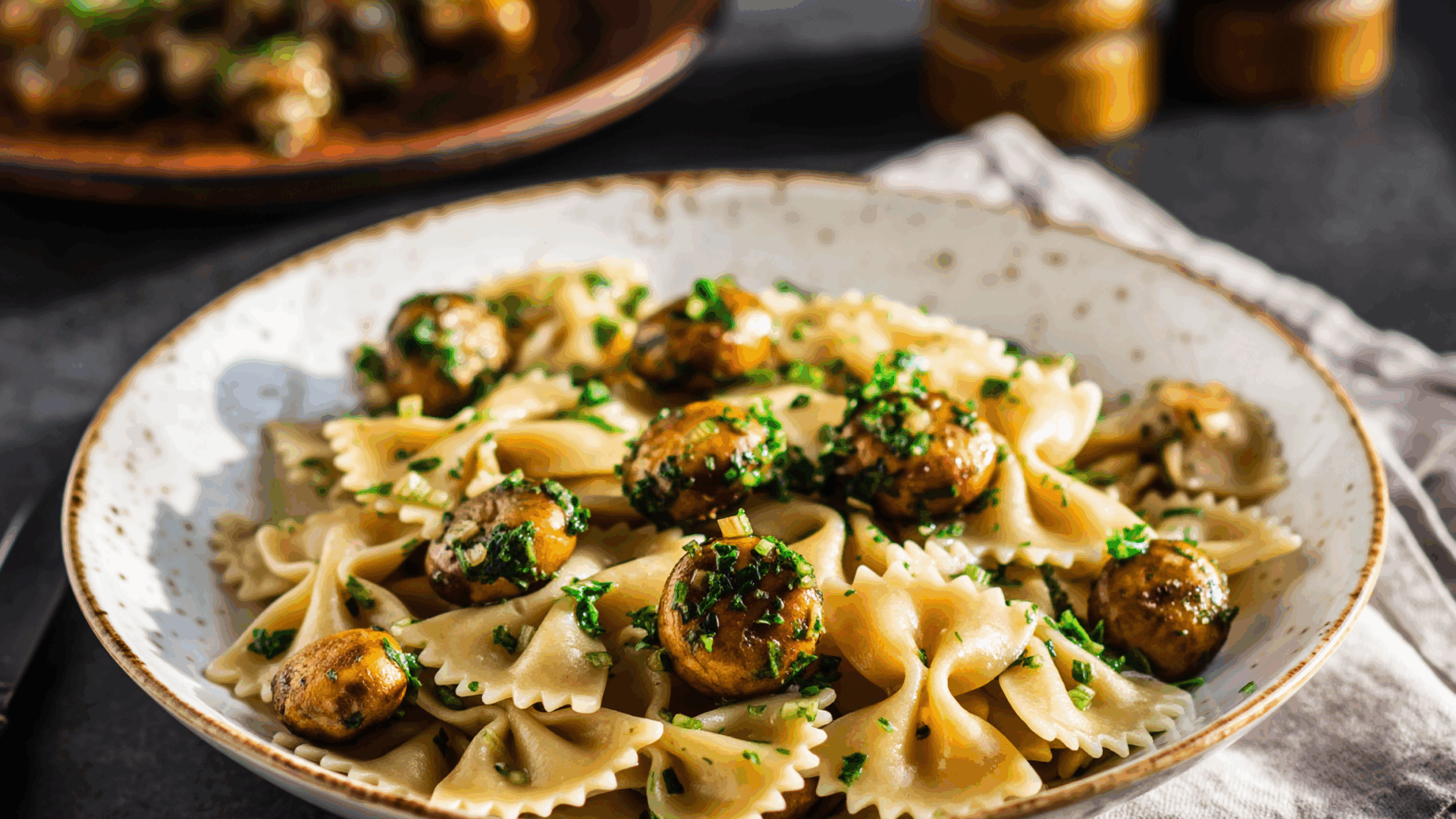Farfalles aux champignons, ail et persil