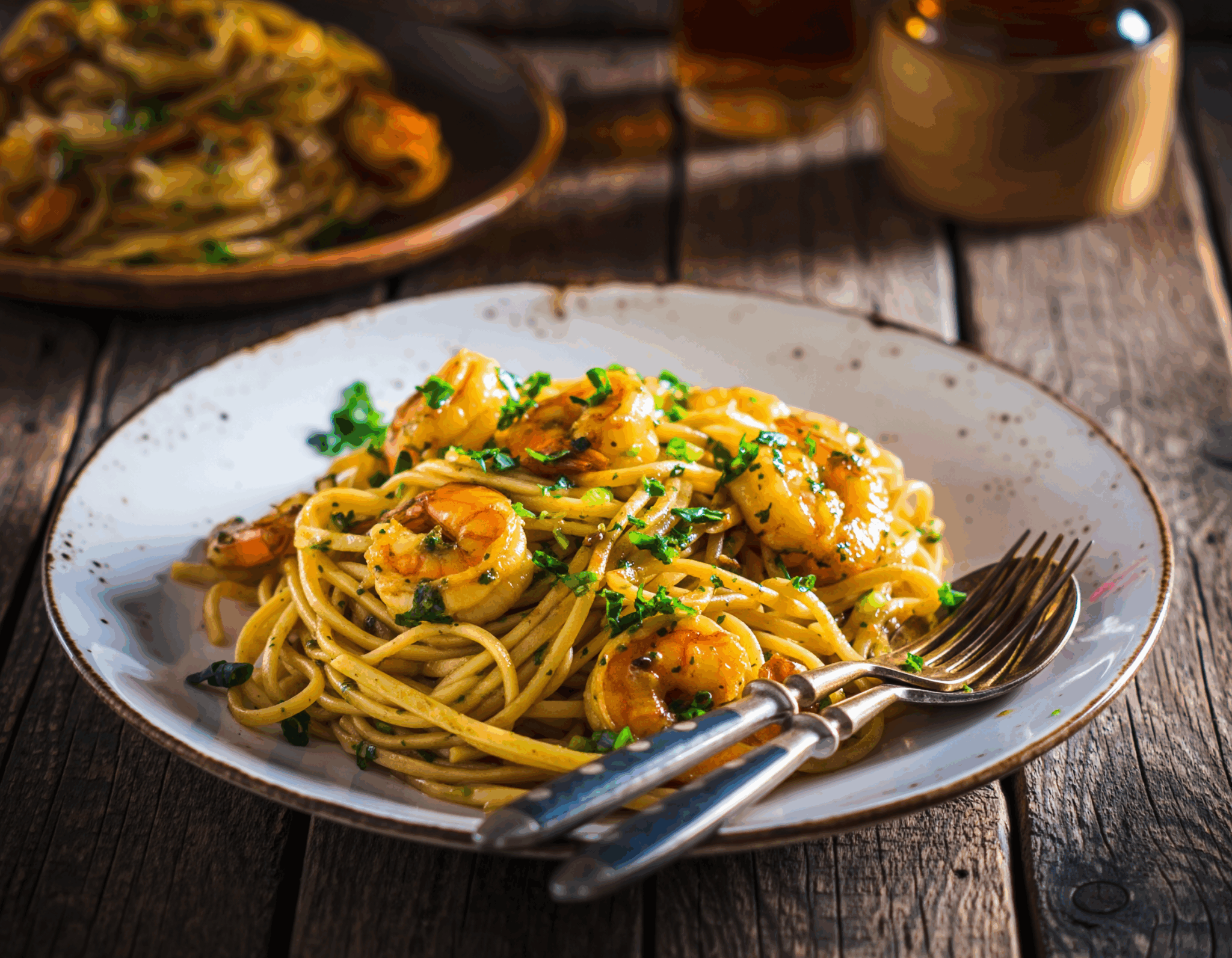 Linguines et crevettes à l'ail et au citron