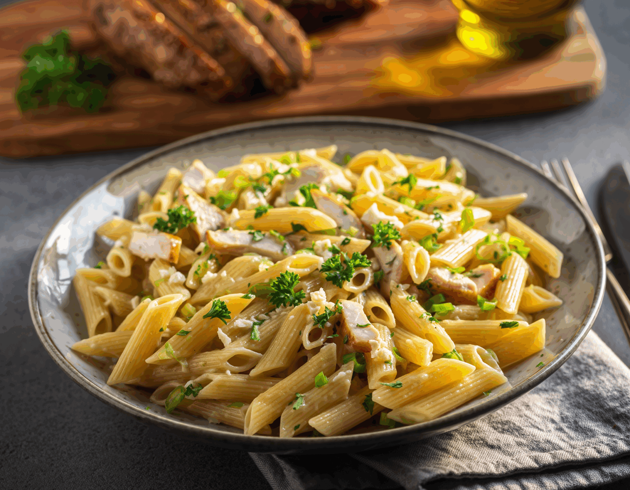 Penne au poulet, poireau et gouda