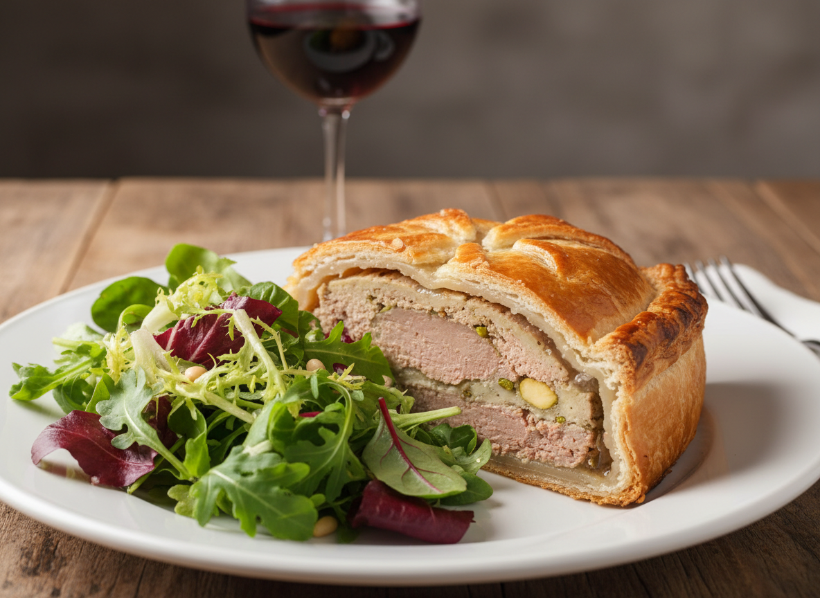 Tranche de pâté en croute maison et mesclun de salade
