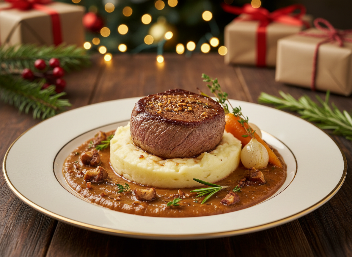 Tournedos, sauce au vin rouge et écrasé de pommes de terre et marrons