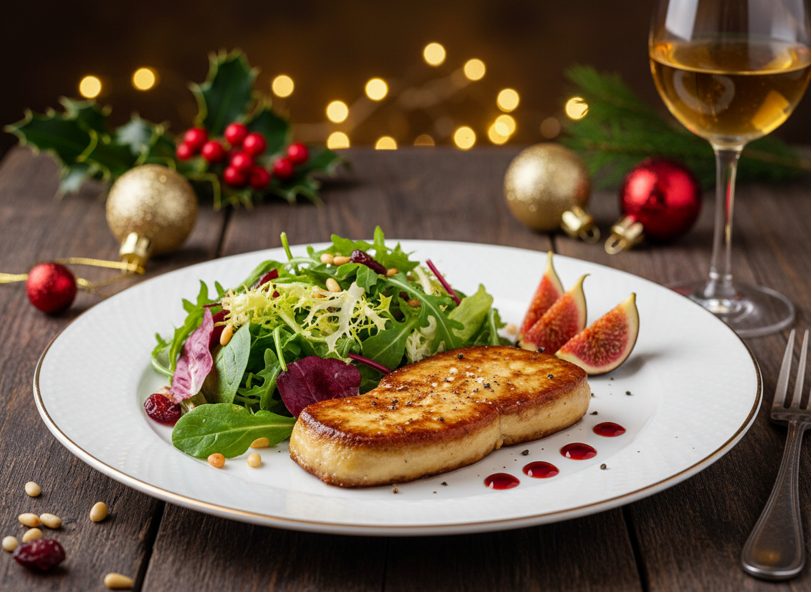 Tranche de foie gras maison et mesclun de salade verte