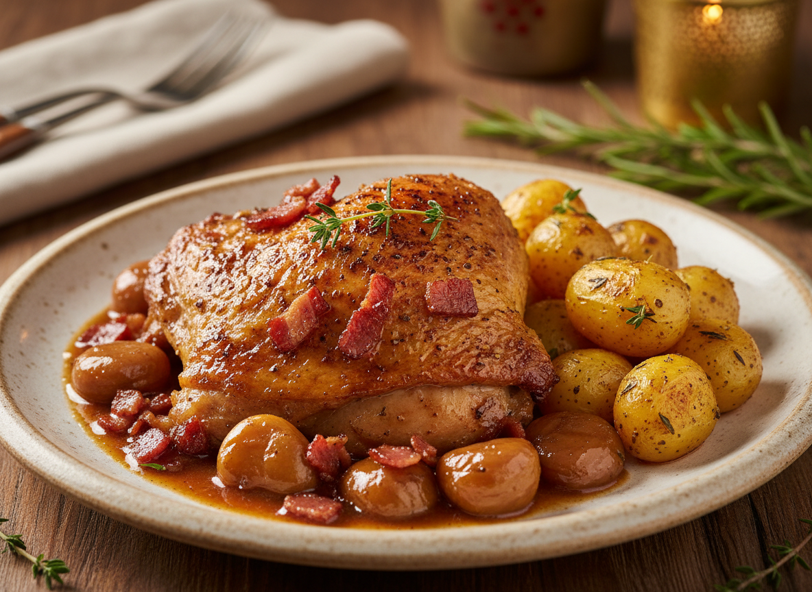 Cuisse de Chapon sauce aux marrons, lardons et pomme de terre rôties